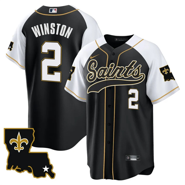 Men's New Orleans Saints #2 Jameis Winston Black/White 1987 Legacy Cool Base Stitched Baseball Jersey Men's New Orleans Saints #2 Jameis Winston Black/White 1987 Legacy Cool Base Stitched Baseball Jersey